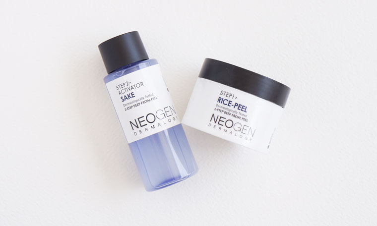 in 10 step korean skin care routine exfoliate with Neogen Rice Peel Step 1 & Activator Sake Step 2