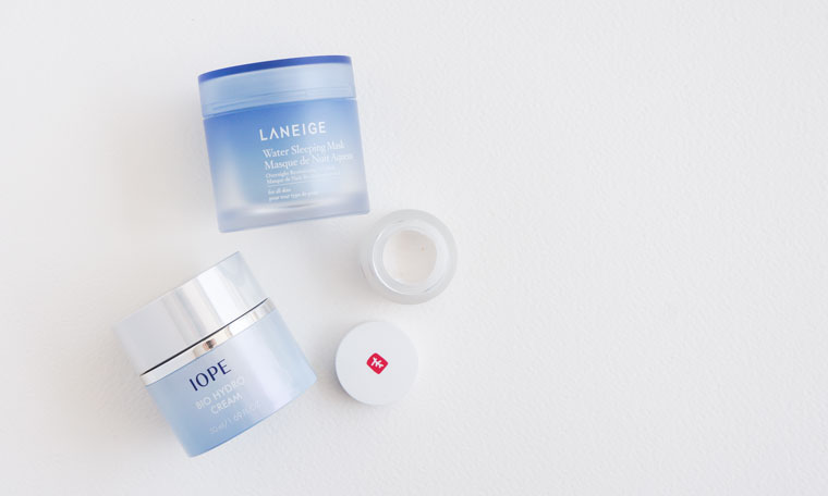 in 10 step Korean skin care routine moisturize with IOPE Bio Hydro Cream and Laneige Water Sleeping Mask