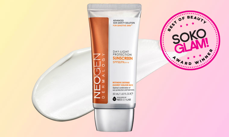 Neogen Day Light Sun Protection Sunscreen SPF 50 won the 2016 best non-sticky sunscreen award from Soko Glam