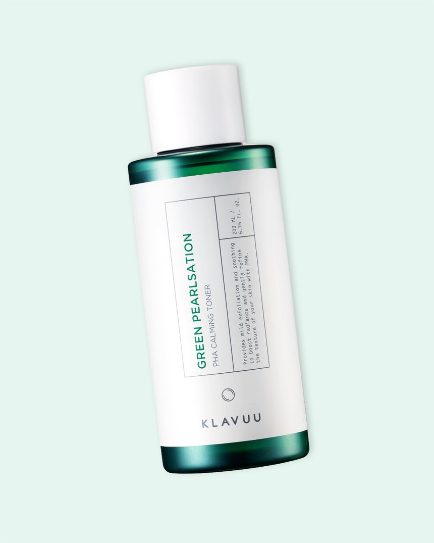 Klavuu Green Pearlsation PHA Calming Toner over a green background